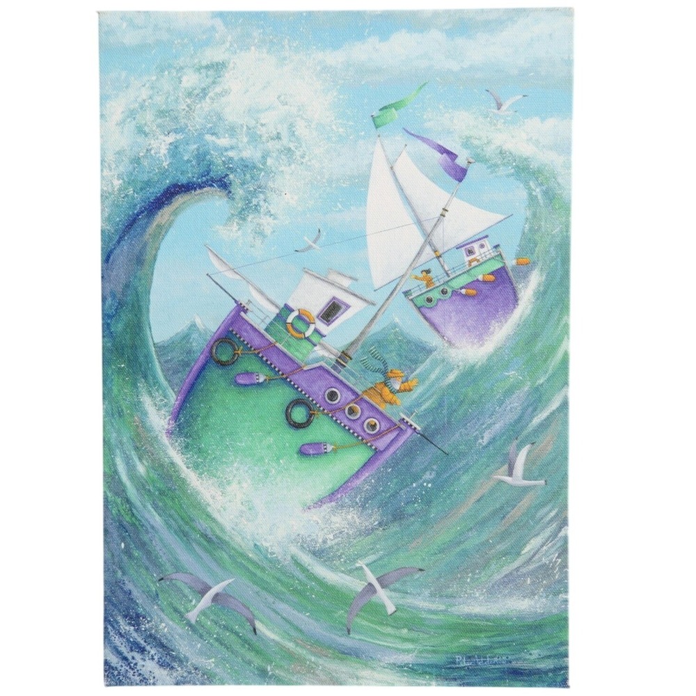 Peter Adderley Art 10X14 Canvas Whimsical Nautical Sailboat Ocean Waves Folk Art
